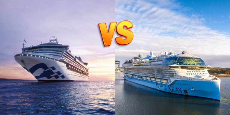 A comparative visual featuring two cruise ships with the text 'VS' in between. On the left, a Princess Cruises ship at sunset with its distinctive logo on the hull, and on the right, Royal Caribbean's 'Icon of the Seas' in daylight docked at a port.