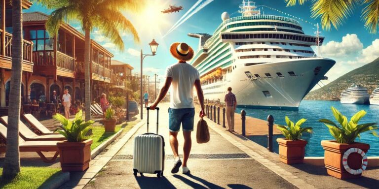 A man in a hat, carrying a suitcase and bag, walks towards a docked cruise ship. The scene is vibrant with palm trees, people strolling, and a bustling seaside town atmosphere, with clear skies and a jet flying overhead.