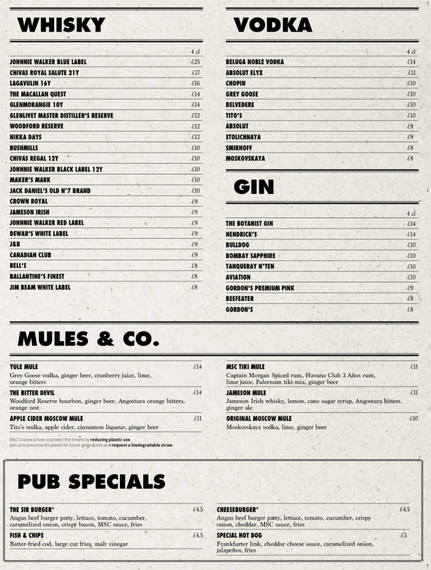 MSC Cruises pub menu