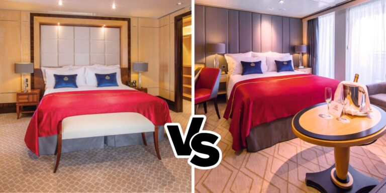 Comparison of two luxury suites, the Queens Grill versus the Princess Grill, aboard a Cunard cruise ship. The left image shows a room with a large bed with white and navy blue pillows under a padded headboard, flanked by wooden bedside tables and lamps. The right image displays a similar room layout with a champagne bottle and glasses on a table, indicative of the enhanced amenities in the Queens Grill suite.