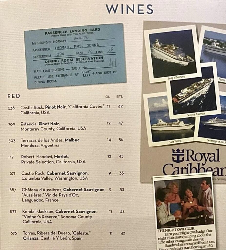 Royal Caribbean wine menu