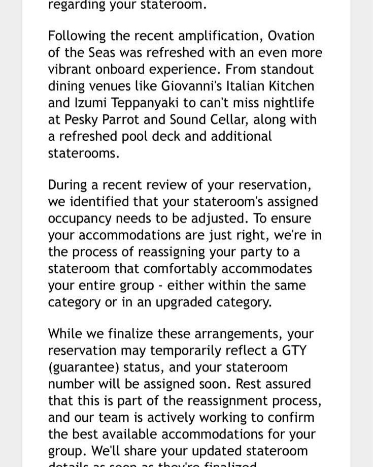 Royal Caribbean Letter Ovation Cabin Issue