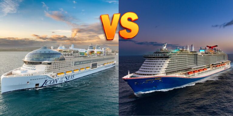 A comparison image showcasing Royal Caribbean's Icon of the Seas with its sleek, modern design on the left versus Carnival Jubilee with its classic blue hull and red funnel on the right, both cruise ships sailing on the open sea, symbolized by a vibrant 'VS' in the center indicating a competitive edge.