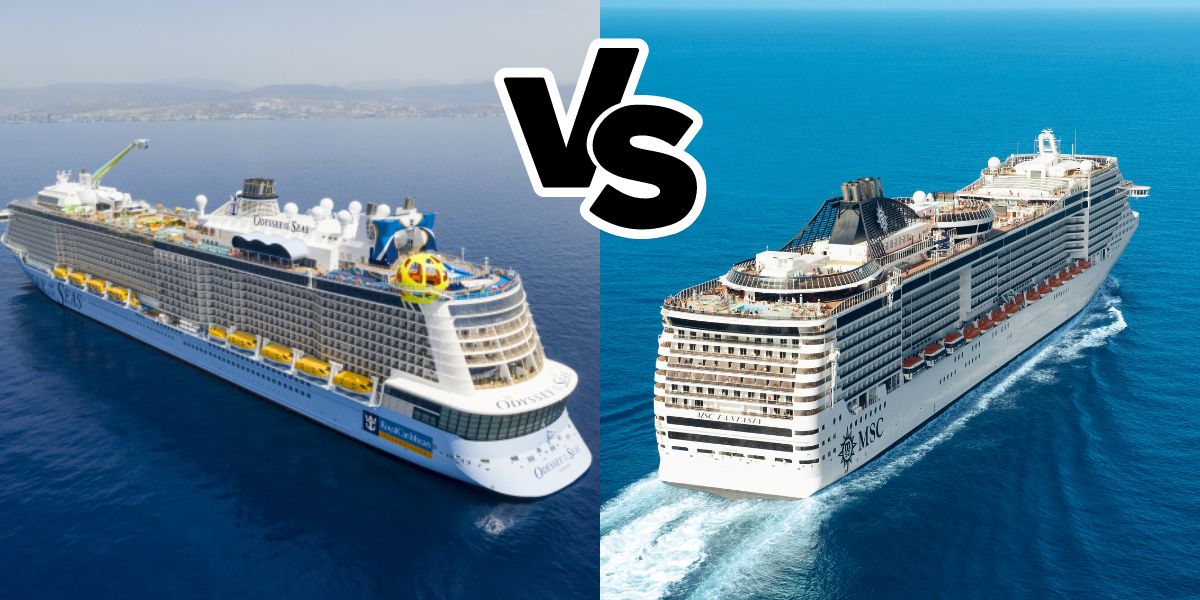 Comparison between Royal Caribbean and MSC Cruises showing two majestic cruise ships at sea: the playful Odyssey of the Seas with its yellow lifeboats and fun activities on deck, and the elegant MSC Virtuosa with its classic design and distinct MSC logo, representing diverse cruising experiences.