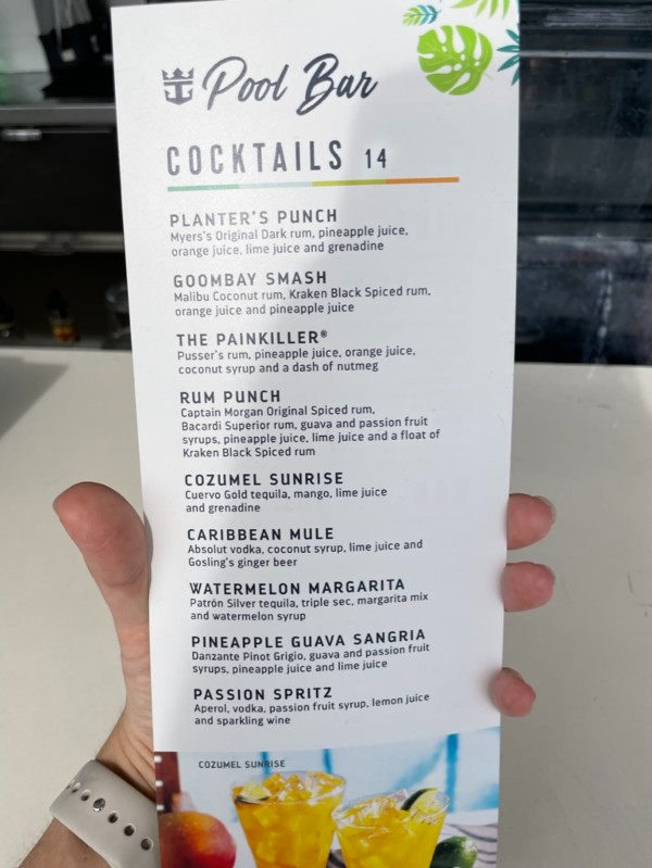 Royal Caribbean pool bar menu