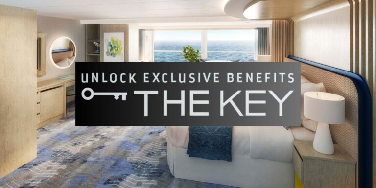 Promotional image for Royal Caribbean's 'The Key' program, set against the interior of a cruise ship stateroom. The image features an overlaid text 'UNLOCK EXCLUSIVE BENEFITS' with a graphic of a key, suggesting enhanced experiences for guests. In the background, the room is modern and elegant with ocean views, a couch with blue pillows, and a wood-finished vanity, highlighting the comfort and perks that 'The Key' offers.