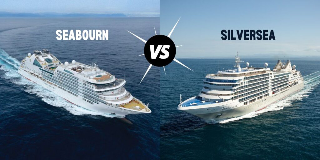 Comparison image of two luxury cruise ships on the ocean with 'SEABOURN' labeled on the left and 'SILVERSEA' on the right, divided by a bold 'VS' symbol in the center, indicating a versus battle or comparison of the Seabourn and Silversea cruise lines.