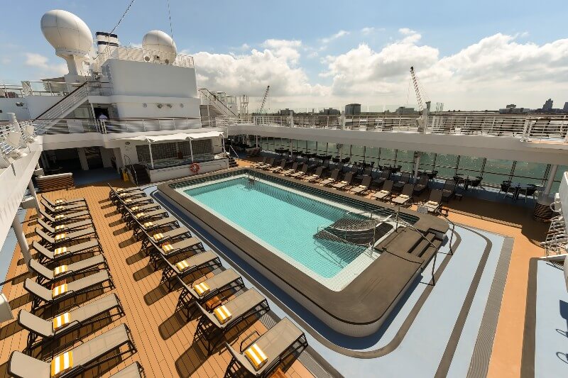 An empty swimming pool on the lido deck