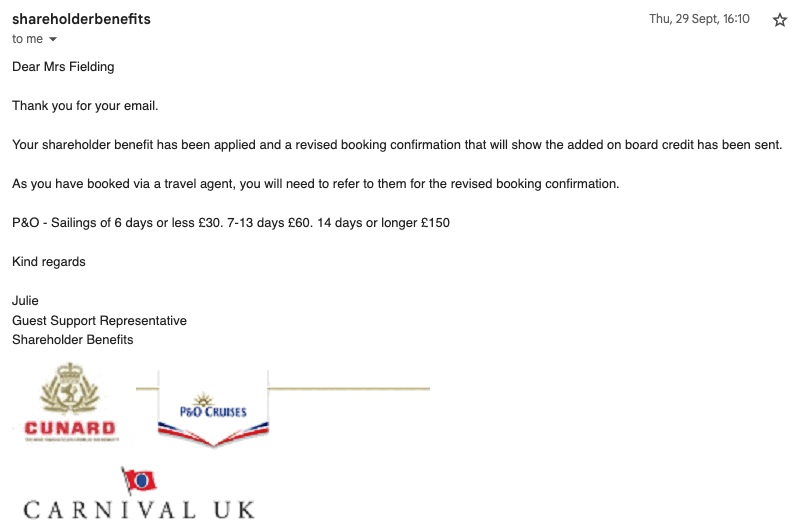 Carnival shareholder benefits confirmation email