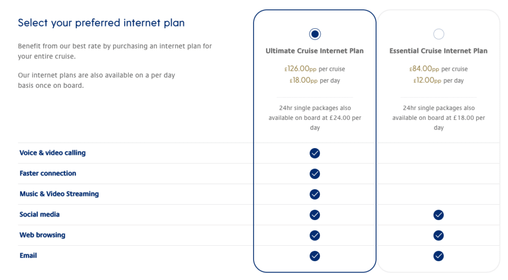 P&O Cruises wifi plans comparison