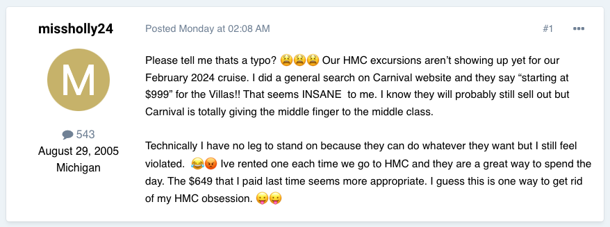 Cruise Critic forum complaint about Carnival prices