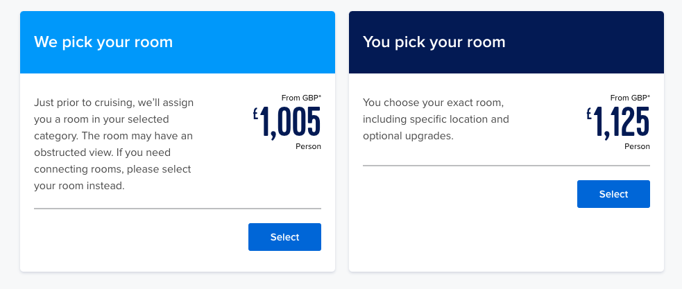 Screenshot of room selection options for a cruise, showing a 'We pick your room' choice at £1,005 per person and a 'You pick your room' option at £1,125 per person, both with 'Select' buttons.