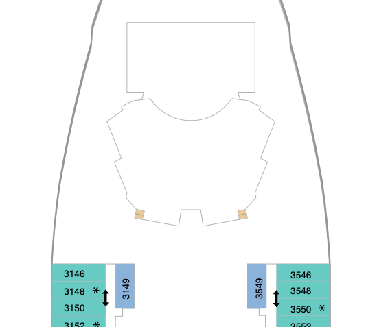 Deck 3 of Ovation of the Seas showing rooms near the Royal Theatre