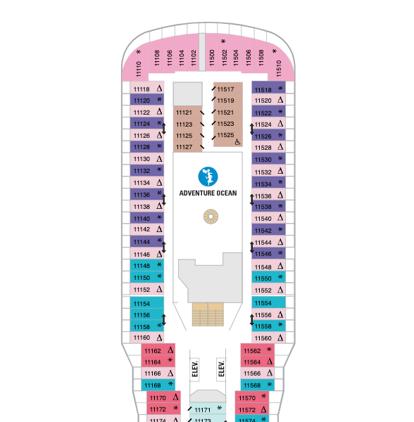 Odyssey of the Seas deck plan deck 11 showing position of Adventure Ocean kids club.