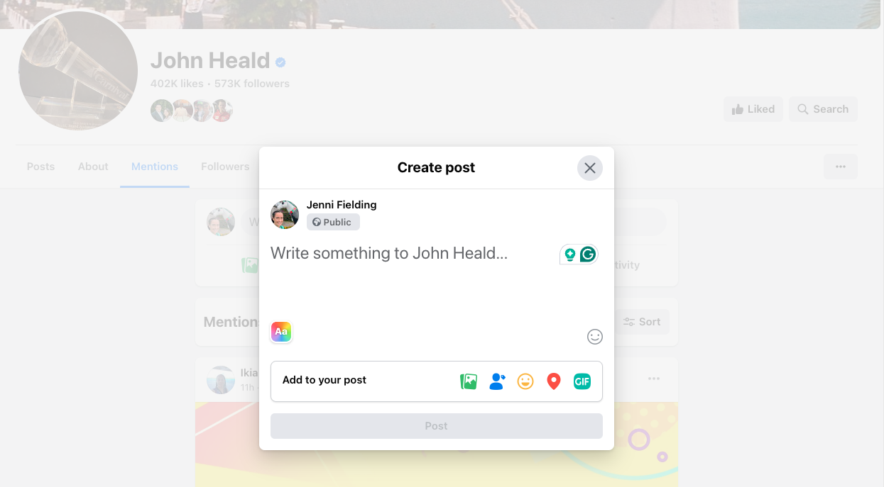 Screenshot showing how to write a message on John Healds facebook page