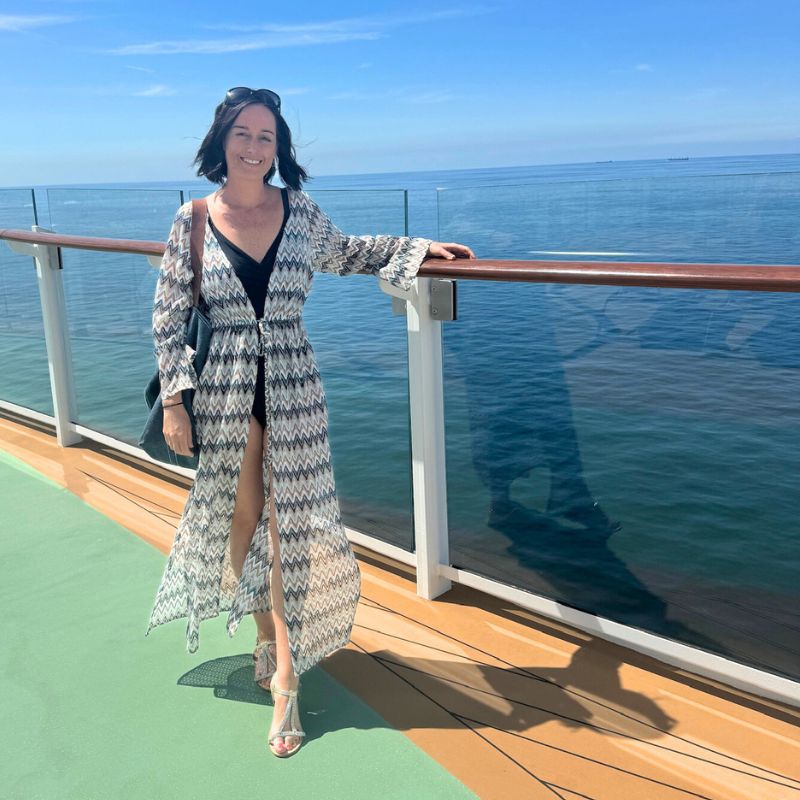 Me wearing Adina Long Sleeve Crochet Maxi Kaftan