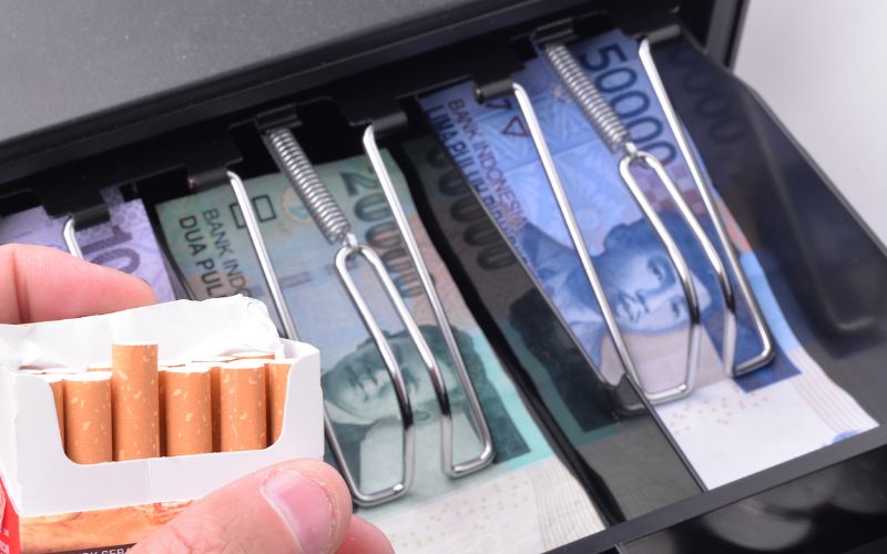 Hand holding a small pack of cigarettes in front of an open cash register with various denominations of banknotes secured under metal bill clips, suggesting a transaction or sale of cigarettes possibly on a cruise ship.