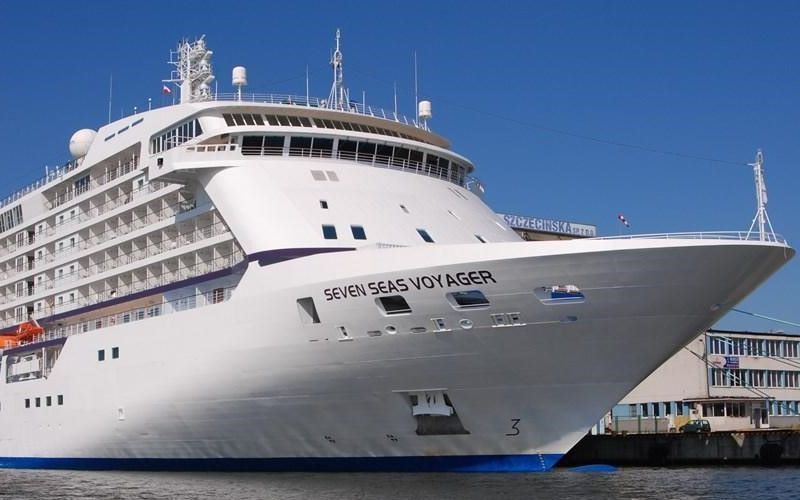 In majestic white. Seven Seas Voyager docked on a port.