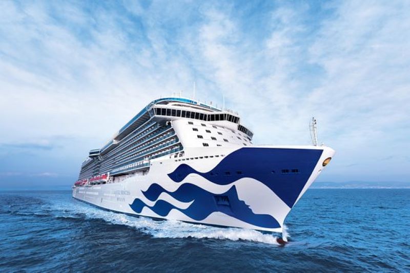 The 'Sky Princess' cruise ship from Princess Cruises, sailing on blue waters, showcased in a profile view with its distinctive blue and white wave design on the hull against a clear sky background.