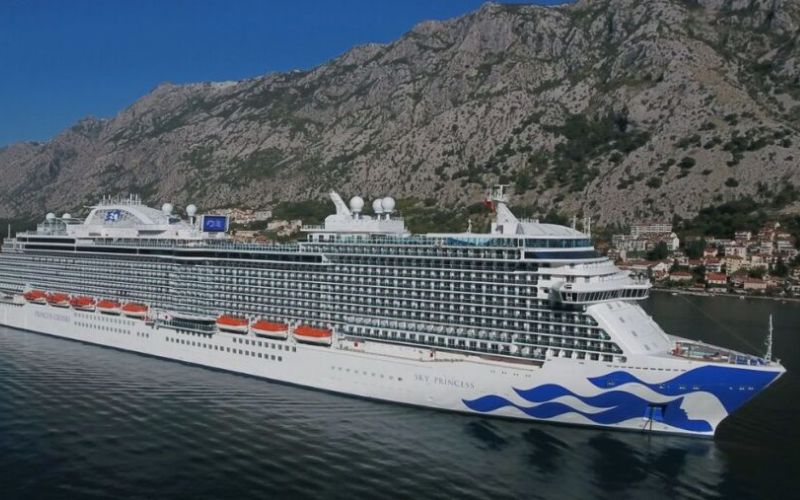 A huge cruise ship cruising on the open sea with a huge mountain behind.