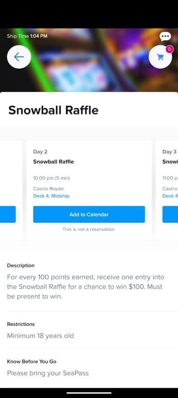 Snowball Raffle in the Royal Caribbean app