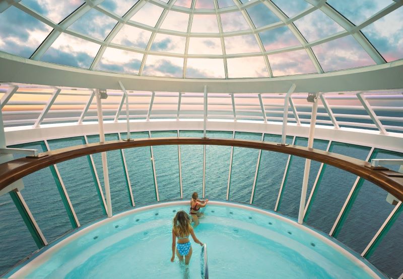 Beneath a striking glass canopy, guests unwind in the tranquil waters of the Solarium on Royal Caribbean's Freedom of the Seas. The pool area offers a serene oasis with panoramic ocean views, capturing the essence of relaxation and luxury at sea.