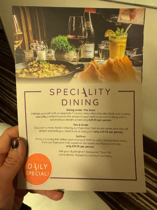 Speciality dining leaflet on Ambassador Cruise Line