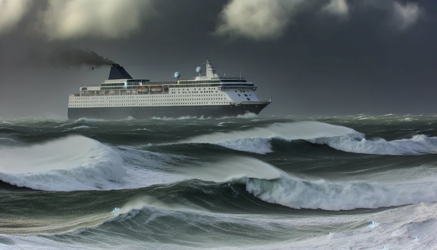 A cruise ship braves tumultuous seas under stormy skies, illustrating the dramatic conditions during Storm Katie. Towering waves and fierce winds encapsulate the vessel's challenging journey.