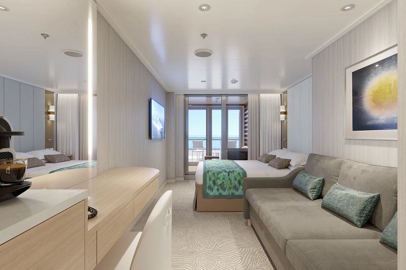 Elegant Cabana Mini-Suite on Sun Princess with a neutral color palette, featuring a comfortable bed, a cozy sitting area with a sofa, a flat-screen TV, and access to a private balcony with ocean views.