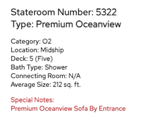 The image shows a section of the deck plan cabin details for Princess Cruises' Sun Princess. It provides information about stateroom number 5322, which is a Premium Oceanview cabin. The details include the category (O2), location (Midship), deck (5), bath type (Shower), and the average size of the cabin (212 sq. ft.). It also notes that this cabin has a "Premium Oceanview Sofa By Entrance," and specifies that there is no connecting room (N/A).