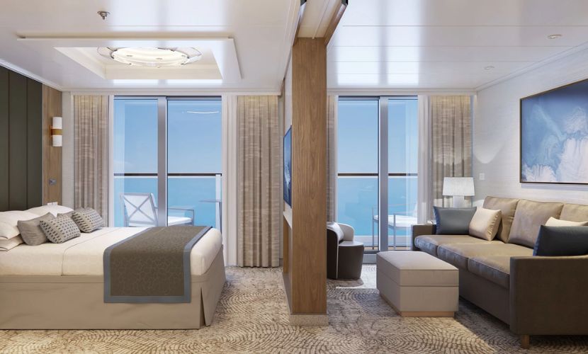 Elegant Signature Penthouse Suite on the Sun Princess, featuring a spacious room with a comfortable bed, a large sofa, modern decor, and floor-to-ceiling glass doors that open to a balcony with serene ocean views.