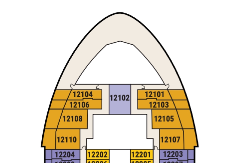 The image shows a section of the deck plan for Deck 12 on Princess Cruises' Sun Princess. This plan highlights staterooms located at the forward (front) part of the ship. The staterooms are color-coded, indicating different categories or types of cabins. The staterooms are arranged symmetrically on either side of a central corridor, with rooms labeled by their respective numbers.The forward-most staterooms (12101, 12102, 12103, 12104, etc.) likely offer direct forward-facing views, which are often highly sought after for their panoramic views of the ocean. The plan also shows staterooms wrapping around the ship's bow, giving a clear view of how these cabins are positioned to maximize their views and space. This layout is typical for premium staterooms or suites on higher decks, emphasizing privacy and exclusive views.