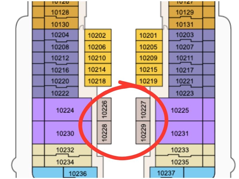 The image shows a section of the deck plan for Princess Cruises' Sun Princess. The plan highlights staterooms in various colors, indicating different categories or types of cabins. The staterooms 10226, 10227, 10228, and 10229 are circled in red, drawing attention to these specific rooms. These staterooms are located in a central area on the deck, surrounded by other cabins of different categories. The layout shows the proximity of these staterooms to other parts of the ship, possibly indicating a unique feature or location that is of particular interest.