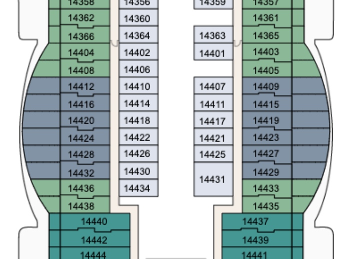 The image shows a deck plan for a specific section of the Sun Princess. The plan highlights staterooms, which are color-coded, likely indicating different categories or classes of cabins. The layout features staterooms arranged symmetrically along both sides of a central corridor.The rooms numbered 14401 through 14444 are visible, with the areas on either side of the corridor showing a mixture of different stateroom categories. The curved edges on both sides of the plan suggest these staterooms are positioned around the central "Sphere" structure of the ship, as indicated by the earlier exterior view.This deck plan likely represents one of the levels with accommodations surrounding the sphere, offering unique room shapes and views due to the curvature of the ship's design. The specific room numbers and their placement in this plan would help passengers locate their staterooms and understand the layout of this part of the ship.