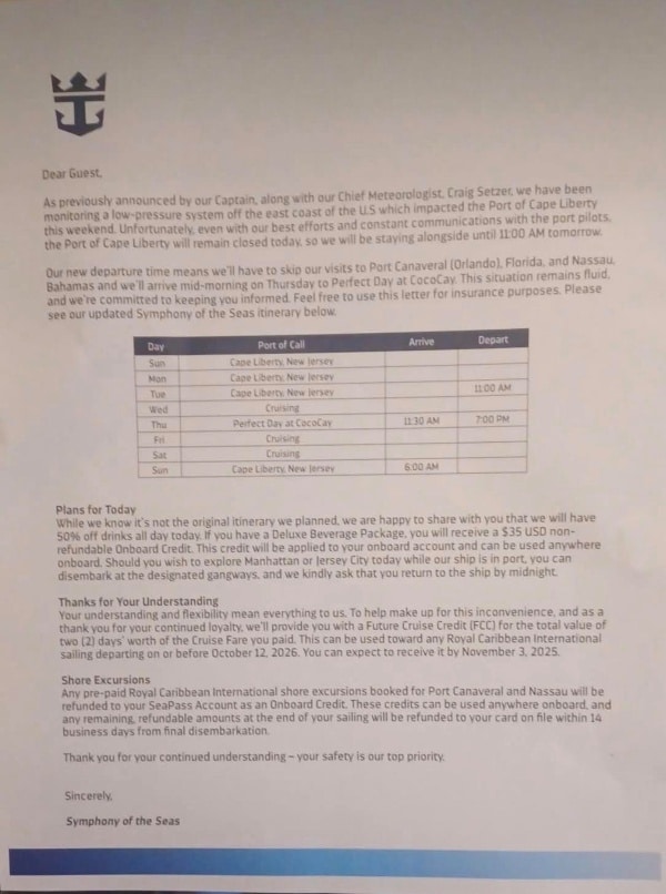 Letter sent to Symphony of the Seas guests about delays