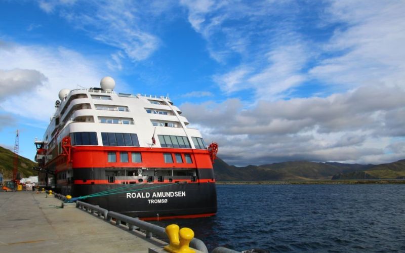 The MS Roald Amundsen on the quay in Dutch Harbor, Alaska