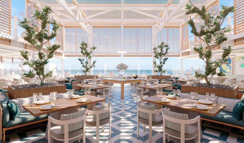 The Marquee on a Silversea cruise ship radiates a bright, airy ambiance with its high ceilings, abundant natural light, geometric floor patterns, and lush greenery intertwined with the décor, offering an open and elegant dining space with ocean views.