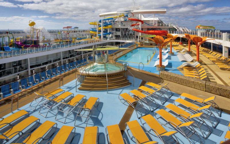 Wonder of the Seas vibrant pool deck and waterslide