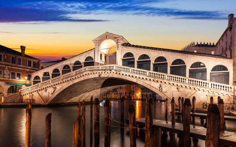 The Rialto Bridge during a sunset