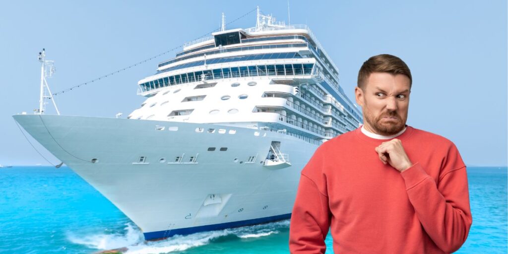 A man in a red sweater looking skeptical with a furrowed brow, standing in front of a large cruise ship with multiple decks, anchored near a clear blue ocean under a sunny sky.