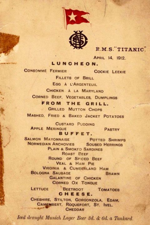 Titanic first class lunch menu