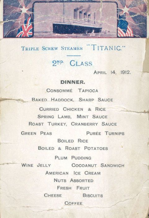Titanic second class menu
