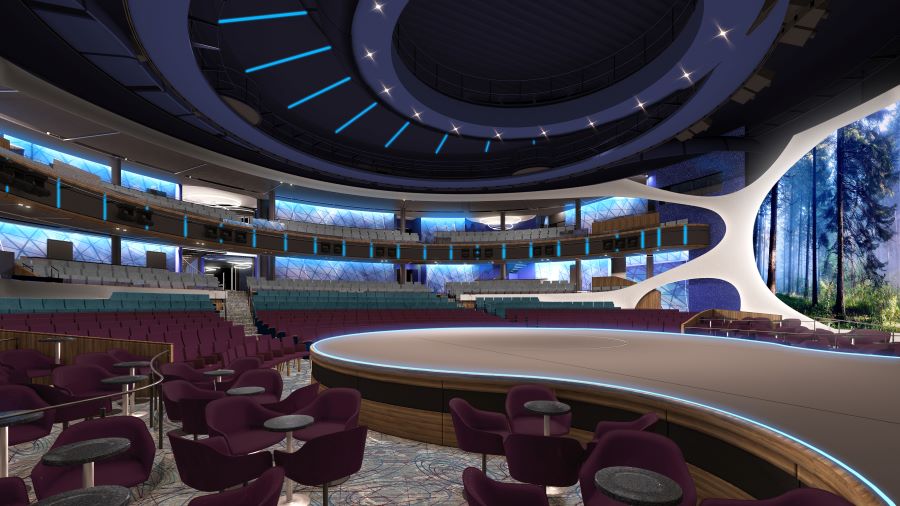 The modern interior of a theater on a Celebrity cruise ship, featuring plush purple seating, a spacious circular stage, and ambient lighting. The design is complemented by a large, abstract forest mural, creating an immersive entertainment environment.