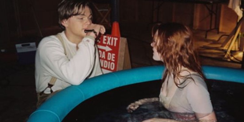 Kate Winslet in a paddling pool during Titanic filming