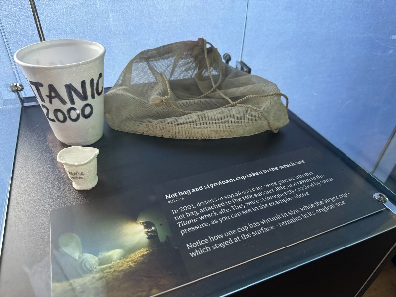 Net bag and styrofoam cup that was taken to the Titanic wreck site in 2001.