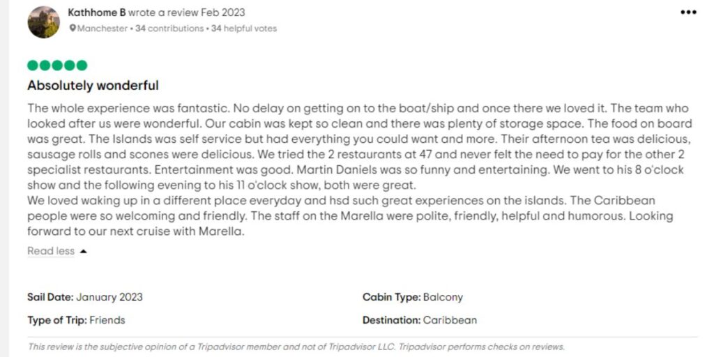 Tripadvisor review to Marella cruise - The whole experience was fantastic…The team who looked after us were wonderful.