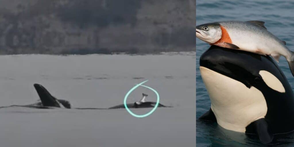 Orcas with salmon hats