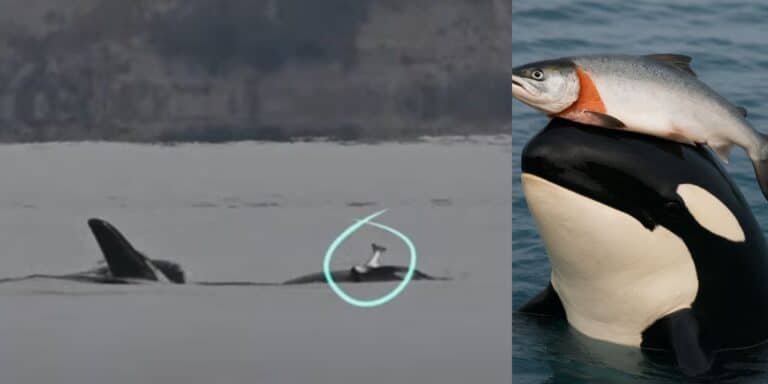 Orcas with salmon hats