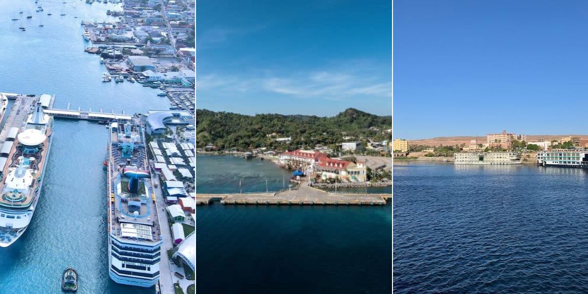 This image is a collage of three cruise ports, featuring Nassau, Roatan, and a location in Egypt. The left panel shows a bustling port with large cruise ships docked in Nassau, surrounded by urban structures. The middle panel highlights Roatan's scenic coastline with small piers and lush greenery. The right panel captures a serene view of Egypt's waterfront, with cruise ships docked against a backdrop of desert and historic architecture.