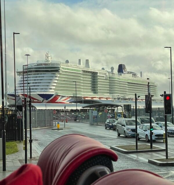 viws of P&O Cruises ship from a coach